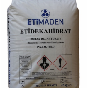 A 25 kg bag of Eti Maden Borax Decahydrate (Disodium Tetraborate Decahydrate) used for industrial and agricultural applications.