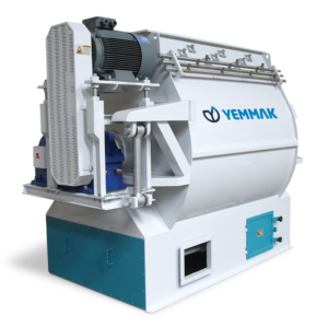 Yemmak horizontal paddle mixer featuring a robust white main body, top-mounted electric motor, and protective belt guard for industrial blending applications.