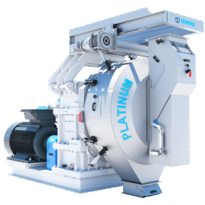 Yemmak Platinum Series Gear Driven Pellet Mill in white and blue, featuring a heavy-duty electric motor and stainless steel double skin chamber.