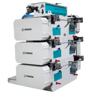 Yemmak multi-stage industrial roller mill featuring a robust white and teal housing with independent motorized roll adjustments for grain crushing.